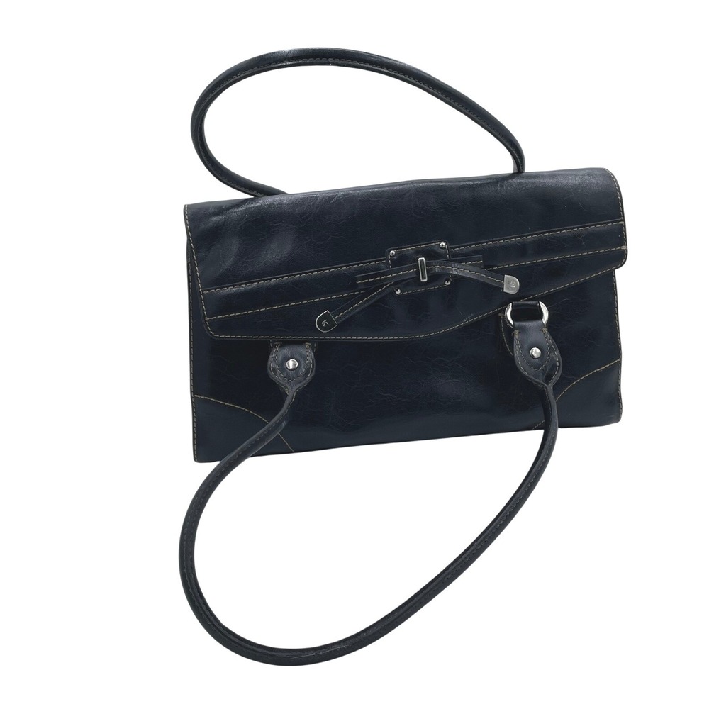 Liz Claiborne Black Faux Leather Shoulder Bag Contrast Stitching - Picture 2 of 10